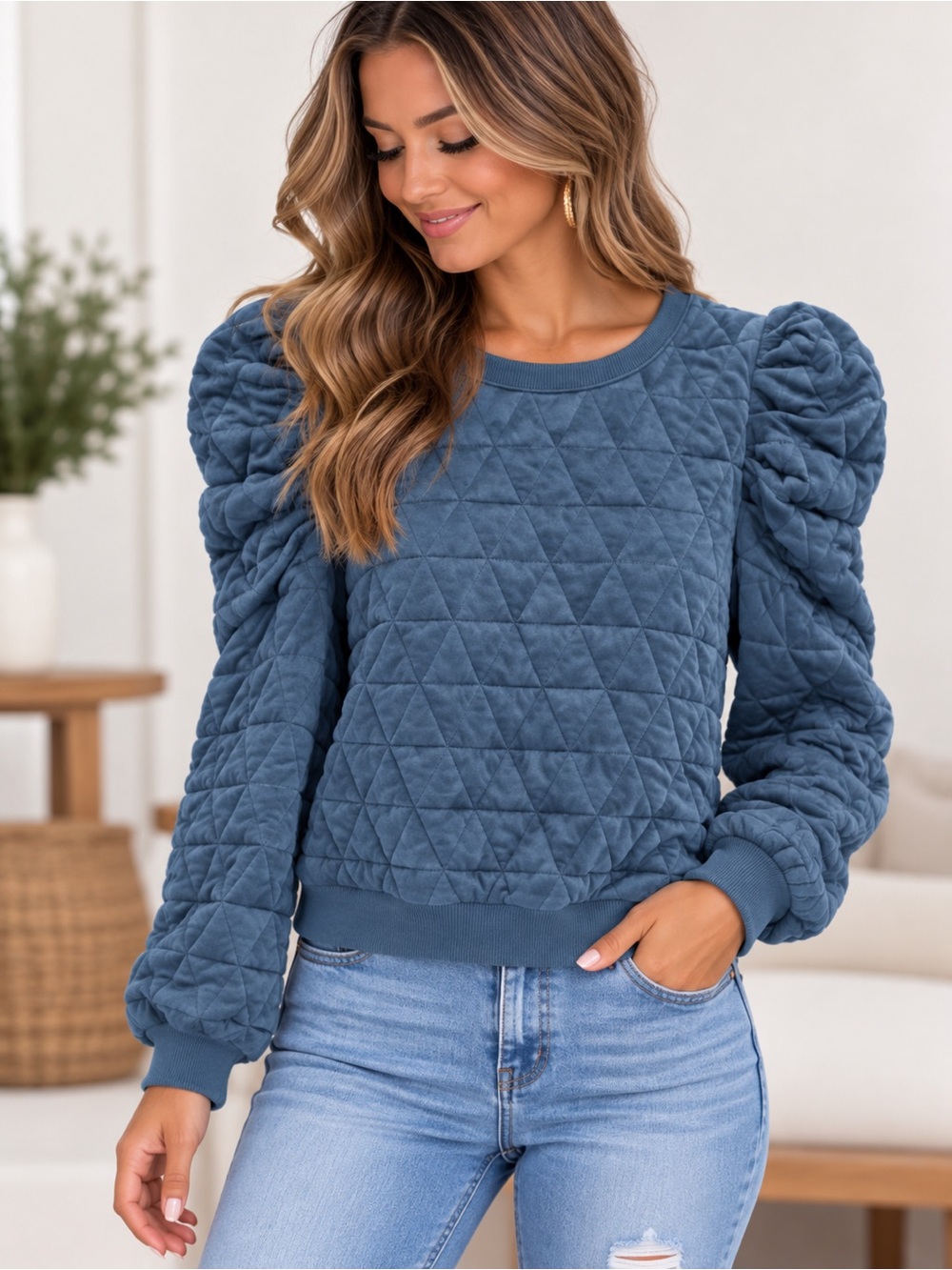 TCEC Quilted Puff-Sleeve Sweatshirt - Slate Blue